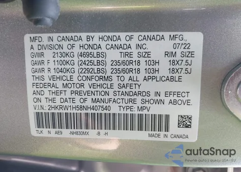 2022 Honda Cr-V Ex from USA, damaged, VIN 2HKRW1H58NH407540